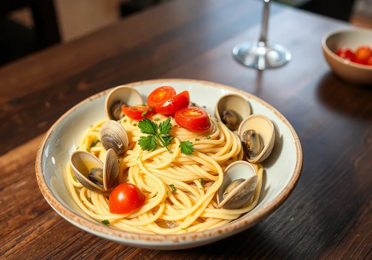 Serviervorschlag zu Spaghetti Vongole (saisonbedingt)